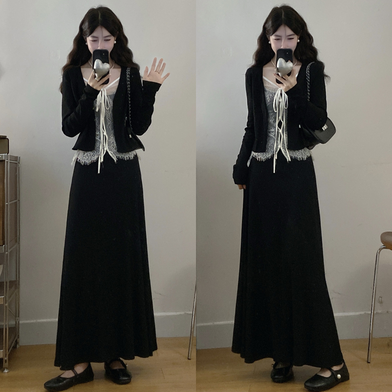 大码胖mm秋季新款蕾丝拼接假两件开衫+吊带长裙两件套套装女