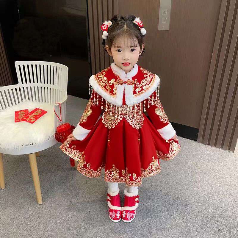 FAVMARTHA女童汉服冬装拜年服儿童连衣裙古装超仙加绒旗袍红色宝