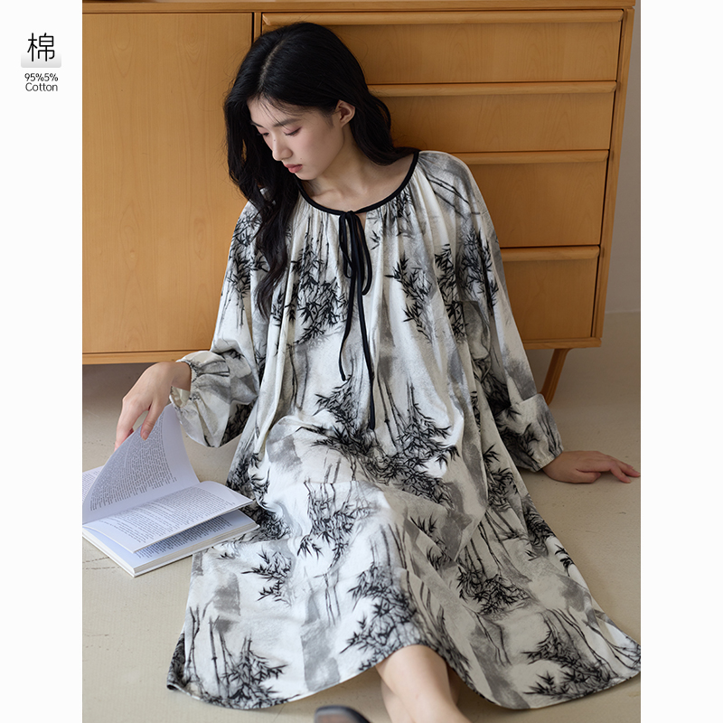 美韵岛｜纯棉睡裙抗菌睡衣女秋冬长袖国风设计圆领套头居家长裙