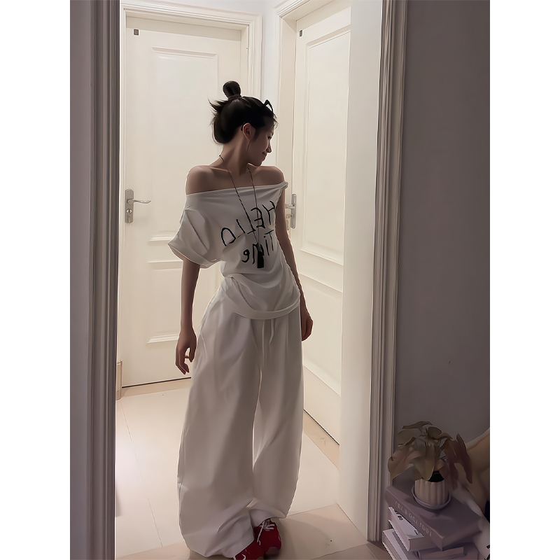 2025夏季款法式字母印花短袖T恤修身显瘦阔腿裤高腰白色拖地长裤
