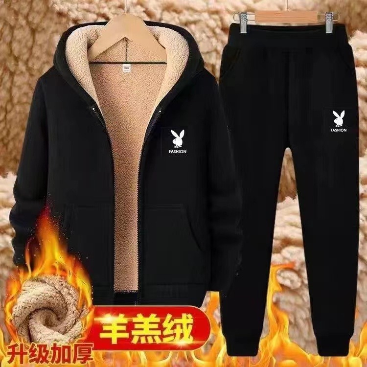 冬季羊羔绒男士休闲加绒加厚保暖拉链宽松连帽卫衣运动套装一整套
