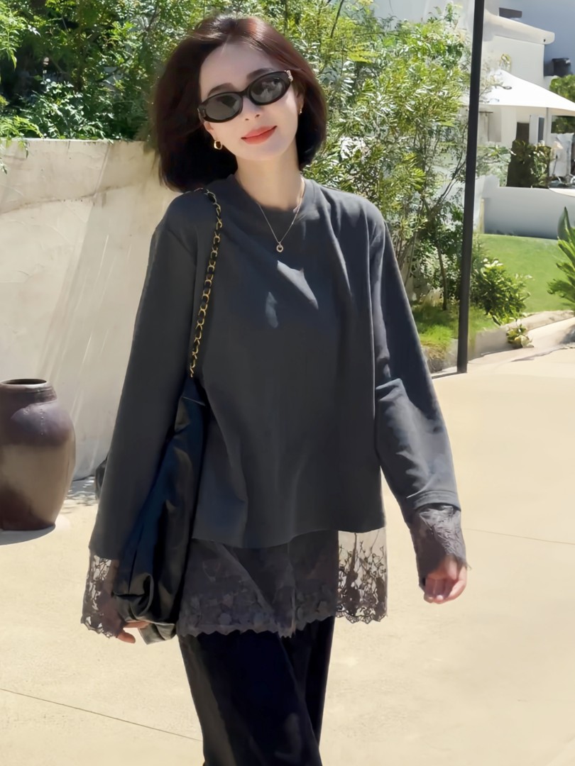 百搭蕾丝德绒T恤女秋冬大码美式拼接宽松磨毛长袖搭配鲨鱼裤上衣