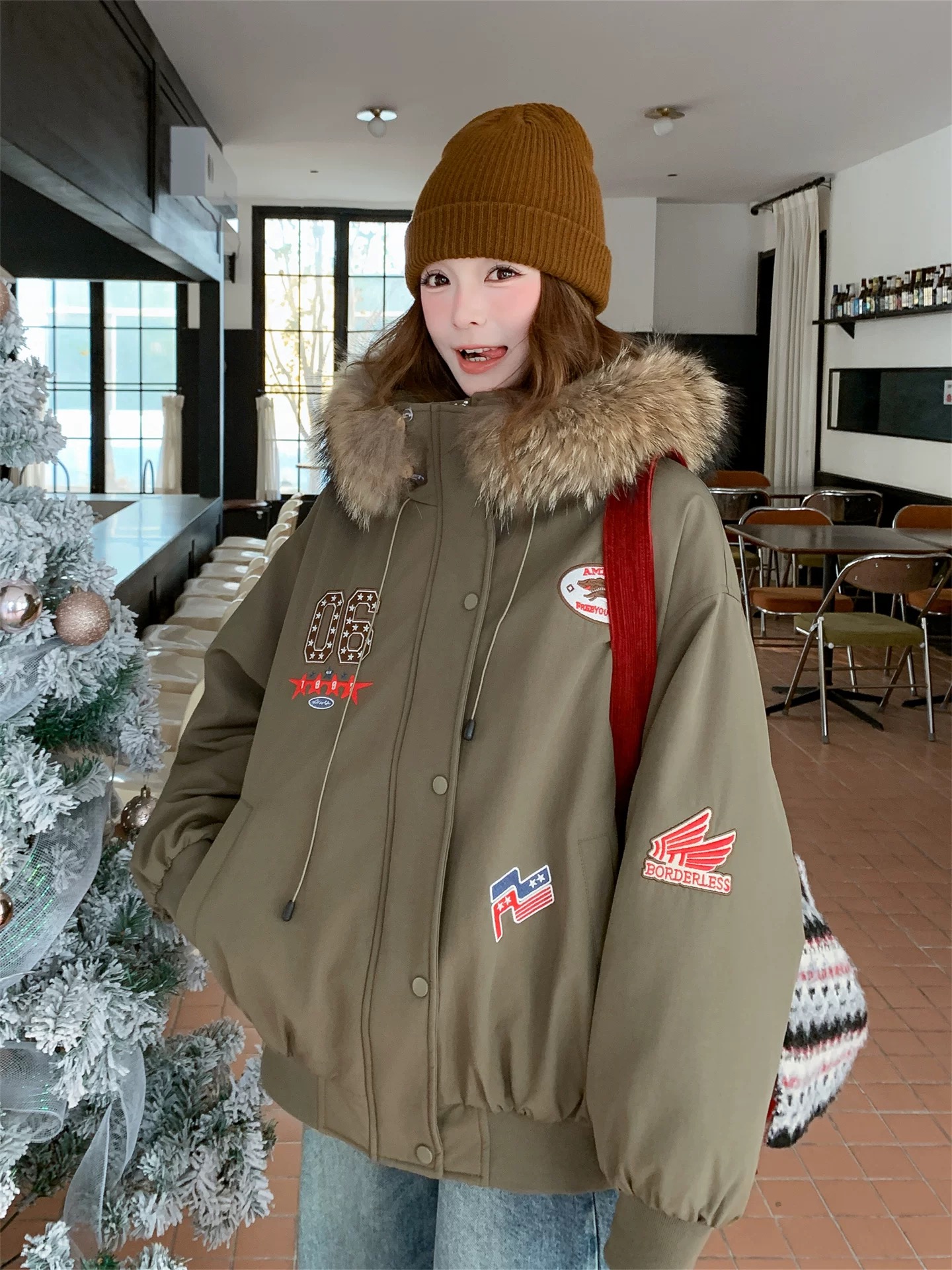 【赵露思同款】可拆卸毛领派克棉衣冬季新款美式复古连帽派克棉服女