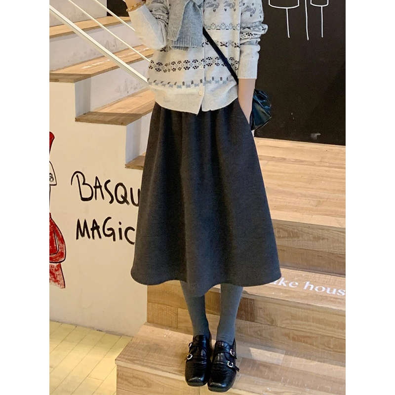 耶古高级深灰色呢子半身裙女秋冬季高腰百搭宽松显瘦柔软a字伞裙