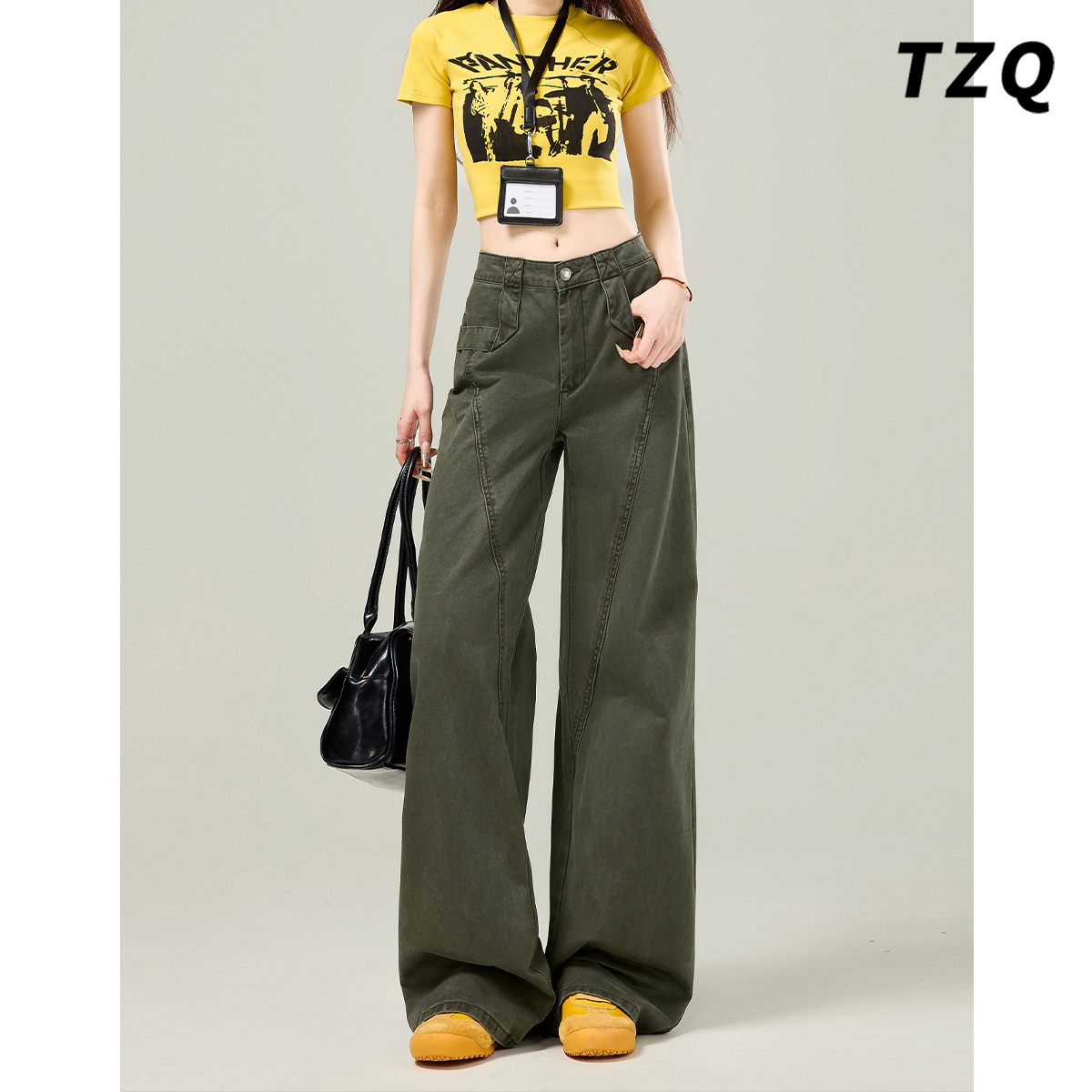 军绿色美式牛仔裤宽松小个子女款2025秋季新款工装裤子TZQ2532438