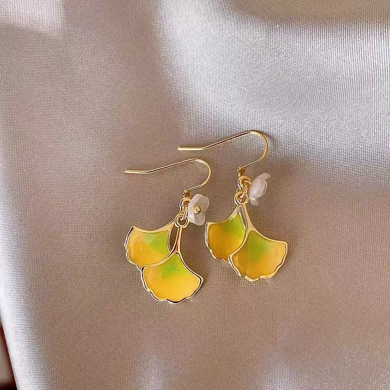 三生有杏~渐变双银杏叶花朵耳钩耳环女气质百搭高级耳钉2025新款