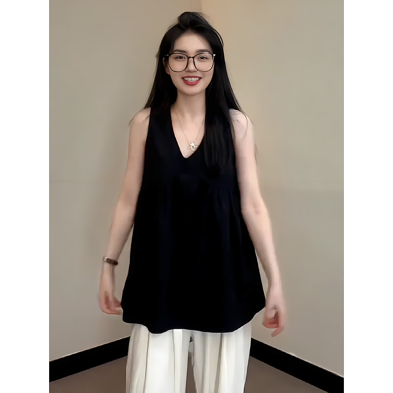 大码法式设计感挂脖吊带背心女夏季胖mm宽松遮肉显瘦无袖衬衫上衣