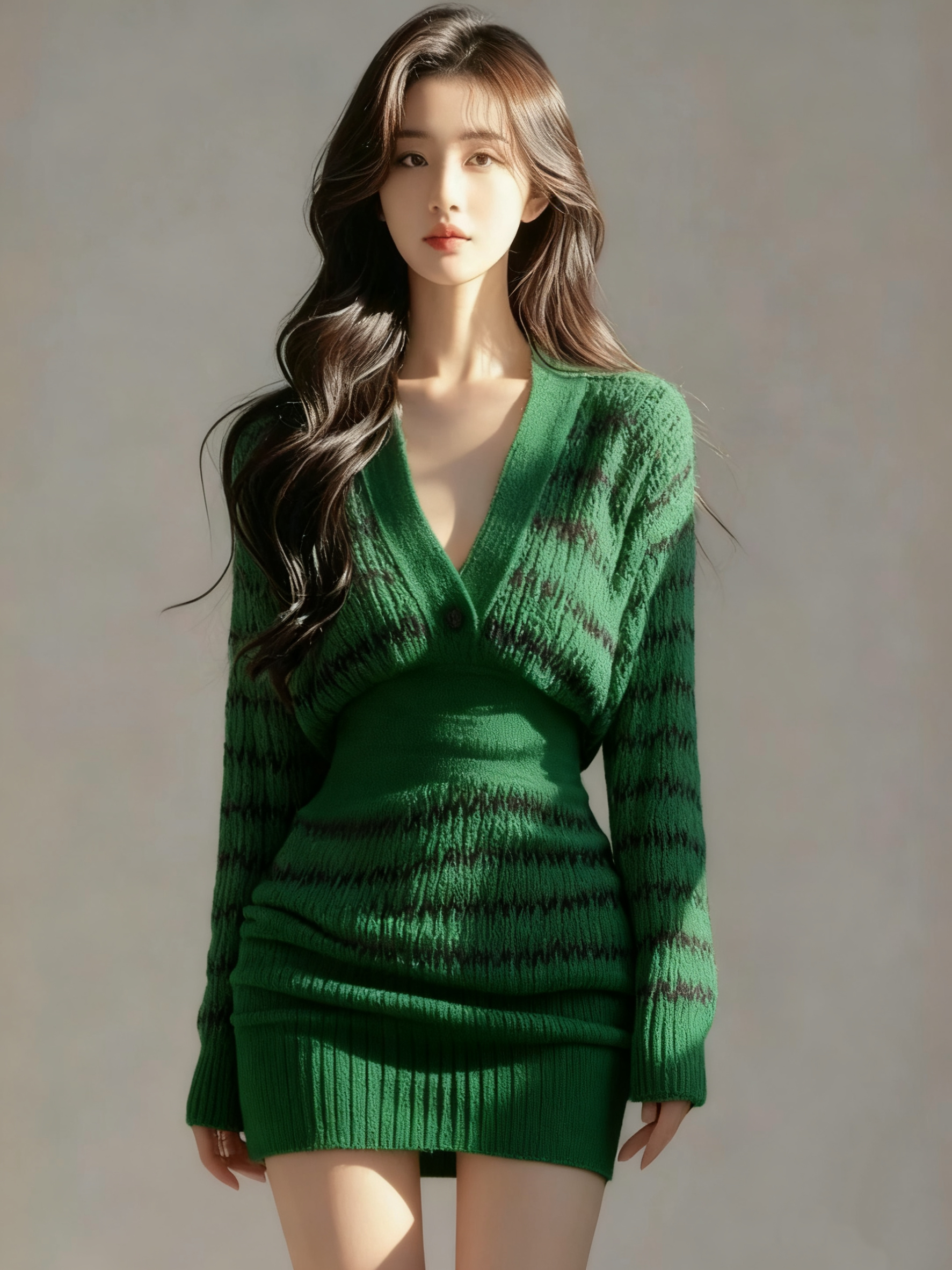 秋冬慵懒氛围感辣妹风绿色V领长袖收腰包臀条纹针织设计感连衣裙