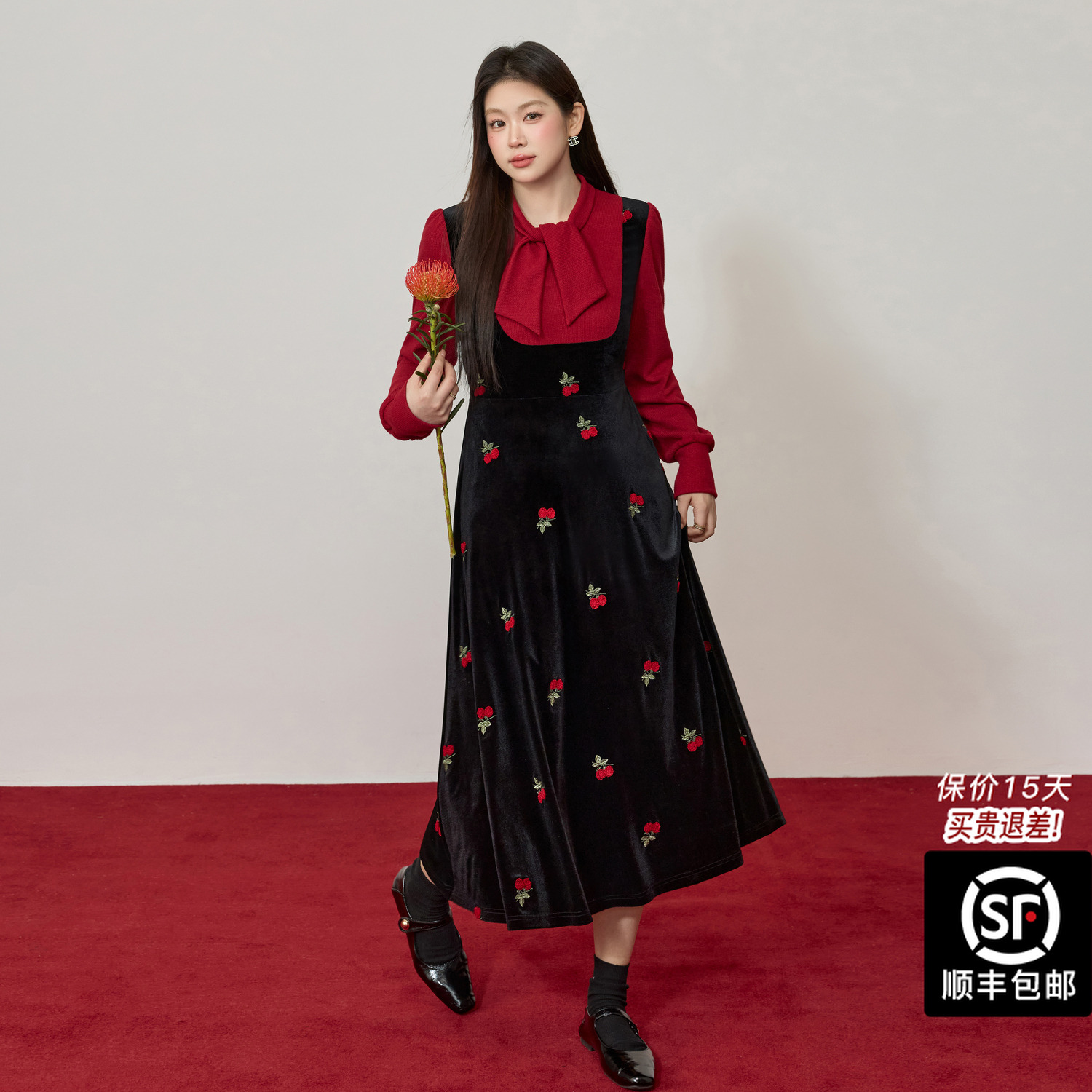 蓝语大码复古撞色丝绒假两件背带连衣裙胖mm冬季显瘦打底内搭裙子