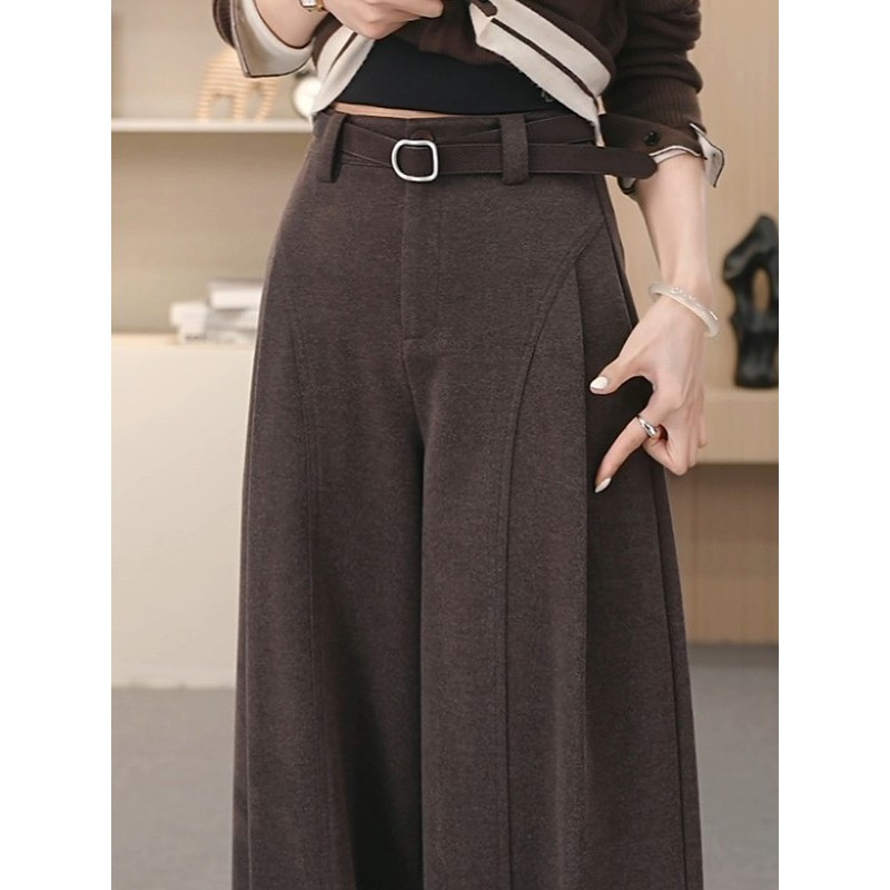 乌木棕毛呢贝斯裤女秋冬季2025新款垂感高腰显瘦休闲阔腿弯刀裤子