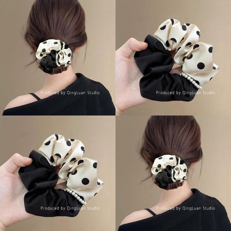 赫本波点~复古波点珍珠链条大肠发圈女高级感丸子头发绳旅行头花
