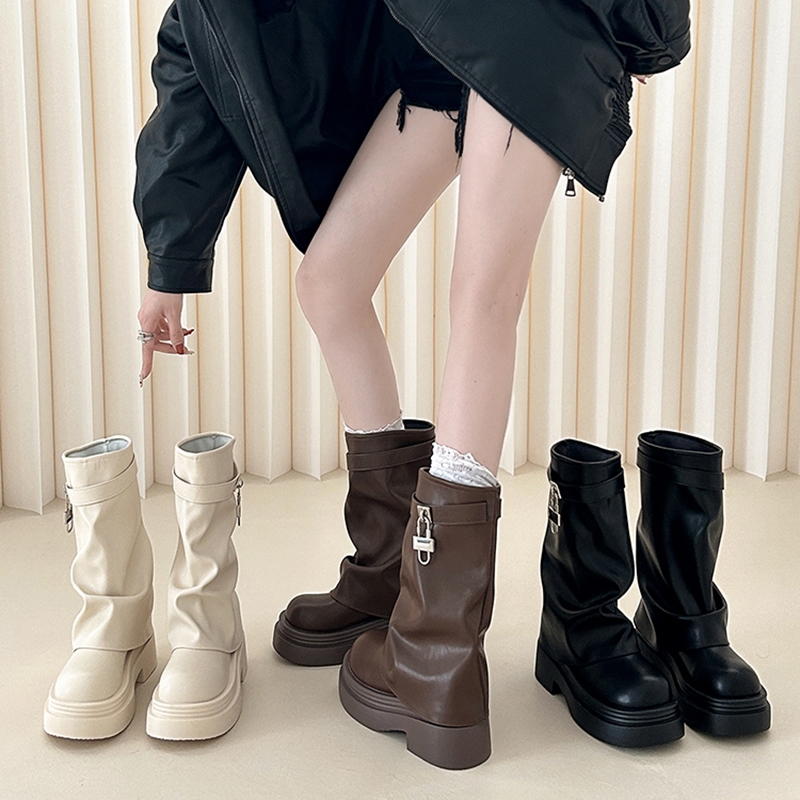 OJRZ复古百搭潮流厚底短靴女夏季新款外穿时尚流行美拉德中筒靴子