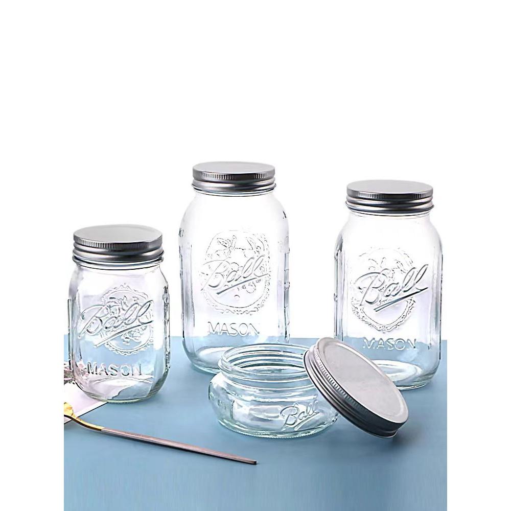 美式梅森罐早餐杯隔夜燕麦杯宽口梅森玻璃密封罐储存罐刻度奶昔杯