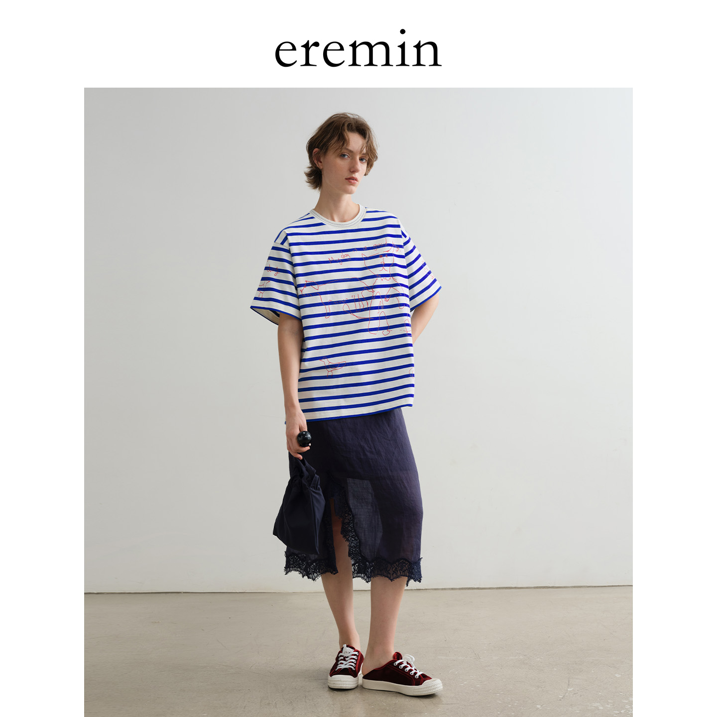 DE Mincollection苎麻蕾丝裙/法式侧开叉精致蕾丝拼接半身裙55437