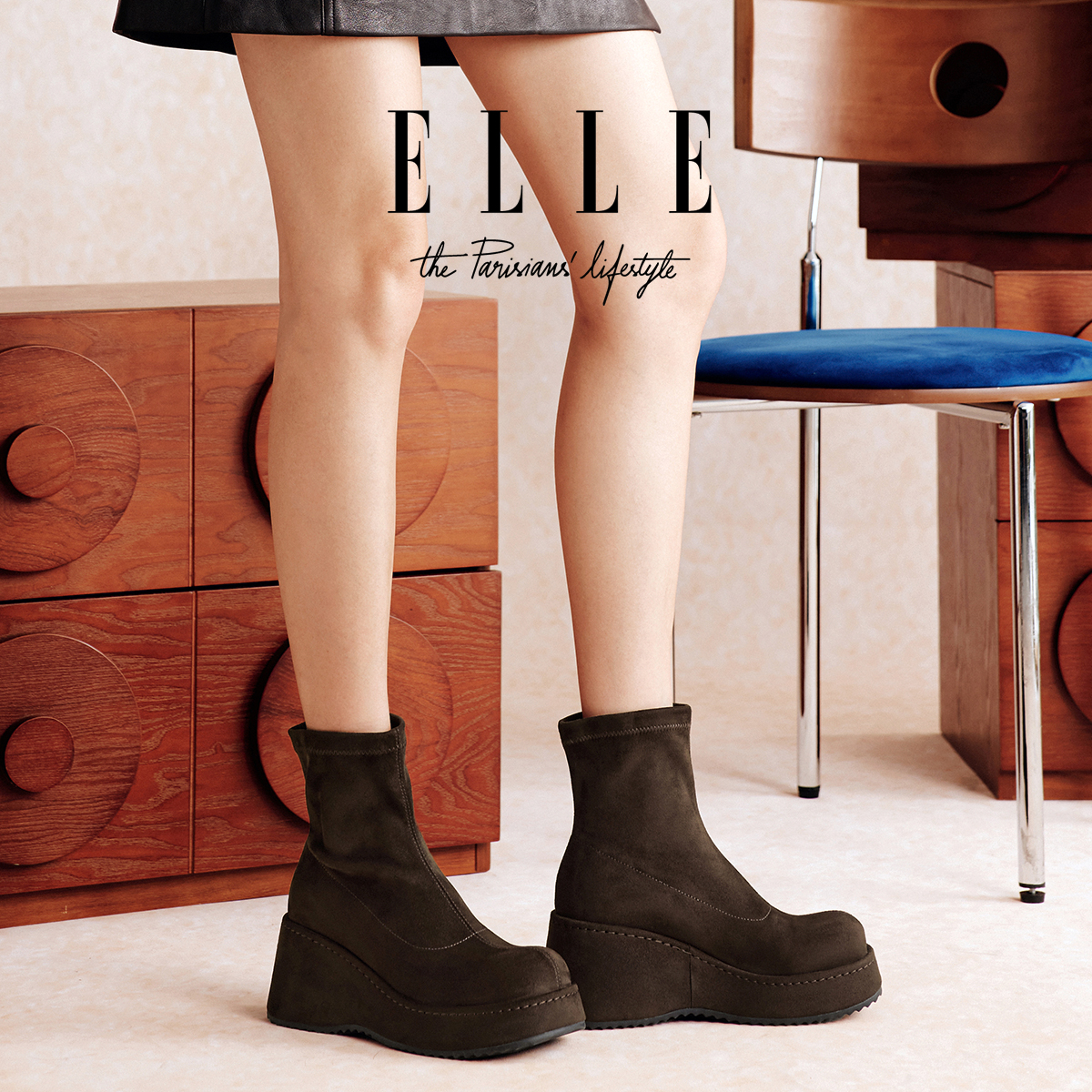 ELLE小个子坡跟加绒勃肯短靴女2025冬季新款美拉德绒面增高马丁靴