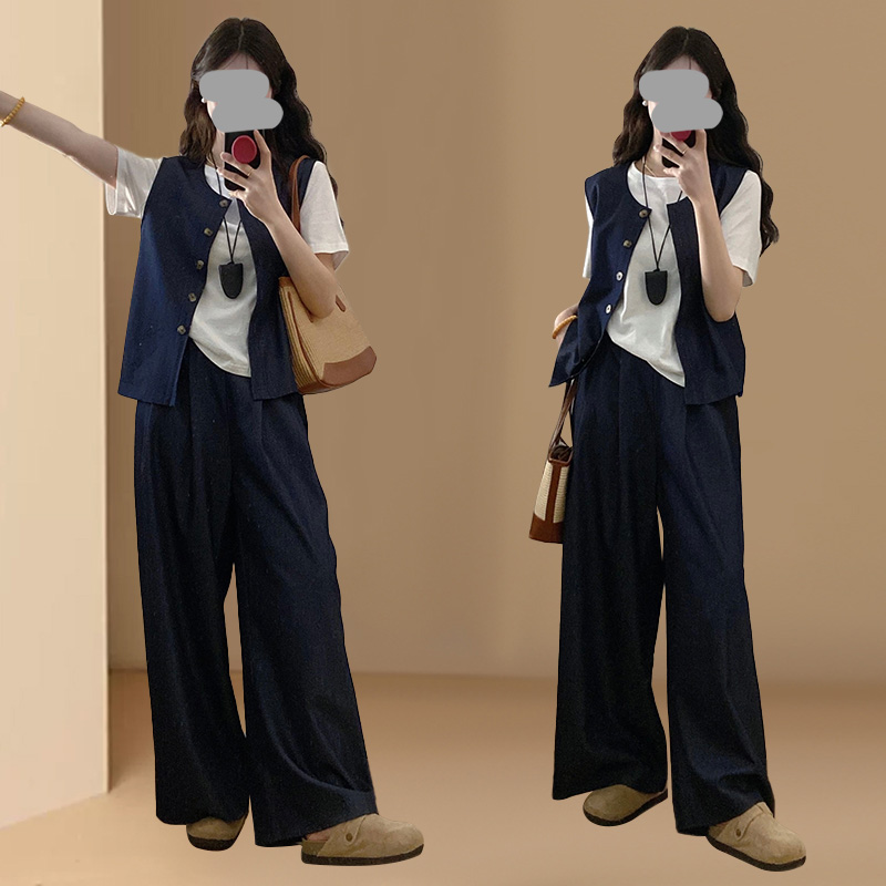 高级感复古牛仔马甲短袖T恤阔腿裤三件套女夏季大码时尚显瘦套装