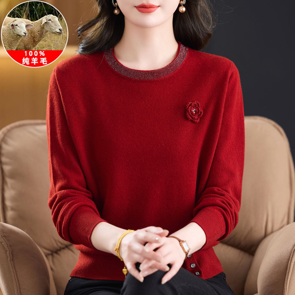 妈妈毛衣2025新款100%纯羊毛衫中老年女装纯色打底衫洋气高贵上衣
