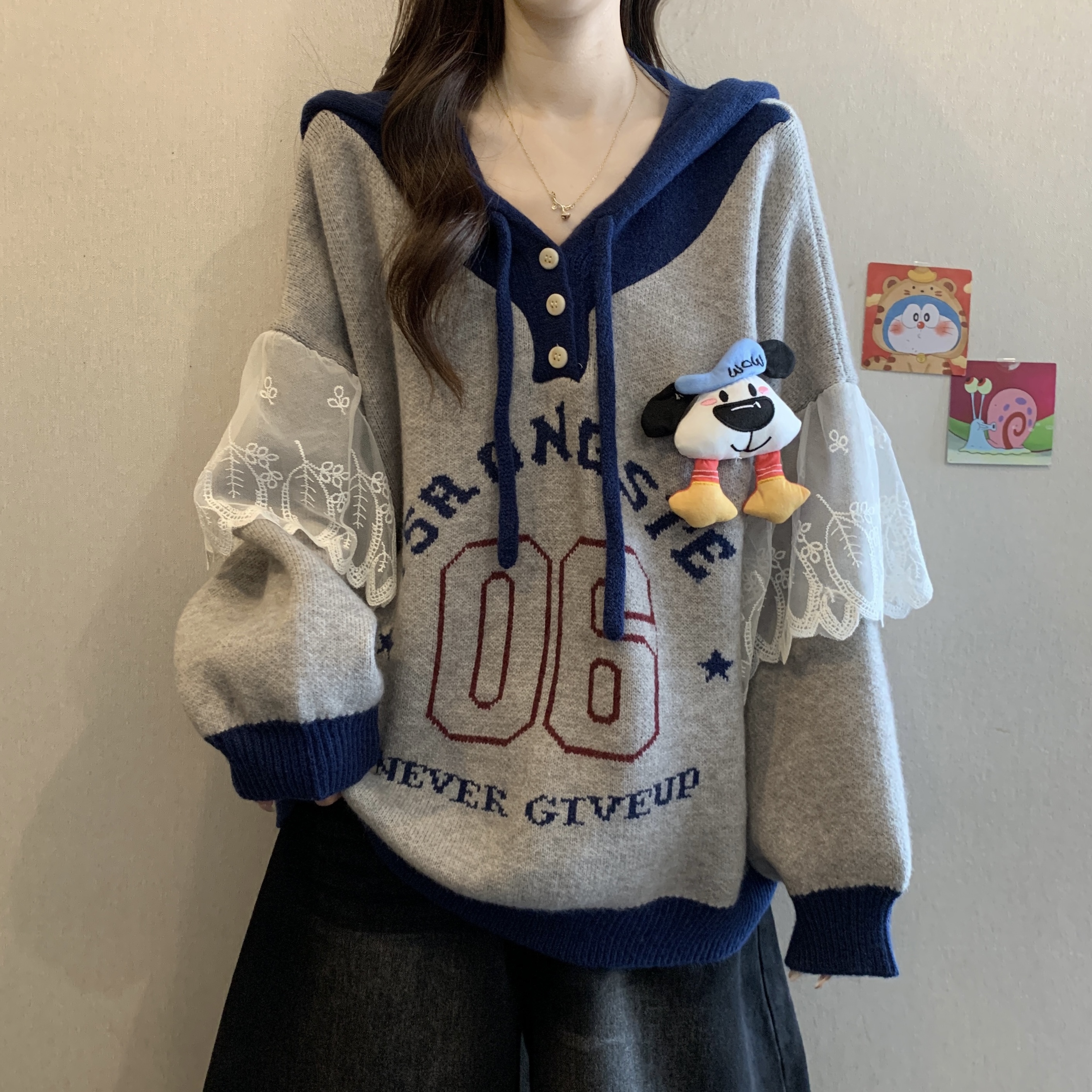 美拉德复古字母撞色蕾丝拼接连帽针织毛衣女冬胖mm慵懒风显瘦上衣