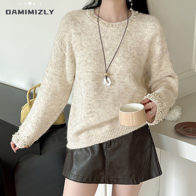 【美丽小衫】秋冬新款软糯领口袖子珍珠装饰毛衣圆领套头针织衫女