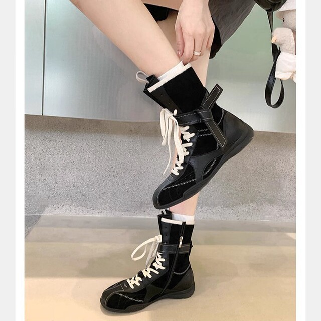 葡萄妈同款 时髦复古拼色百搭绑带侧拉链猎装德训马丁靴女秋冬款