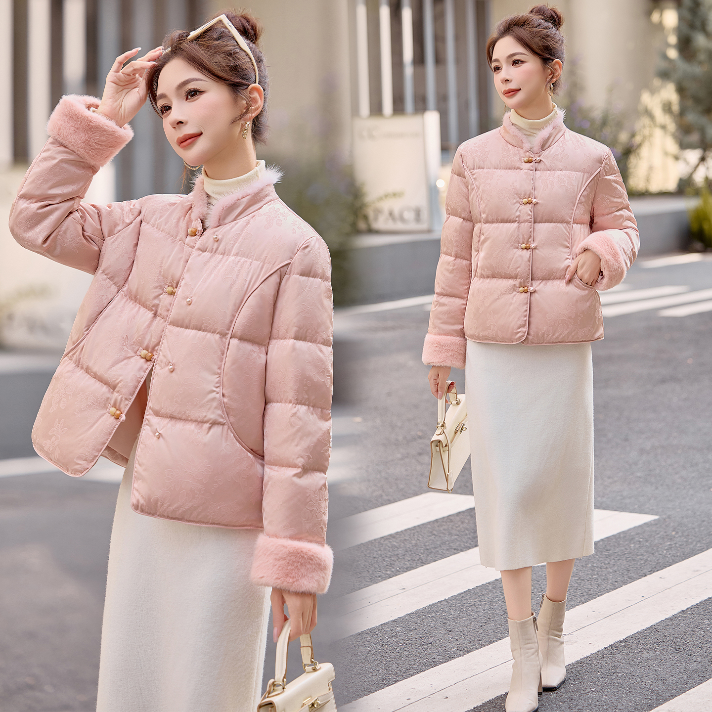 新中式国风2025冬季复古盘扣提花立领拼接白鸭绒短款外套