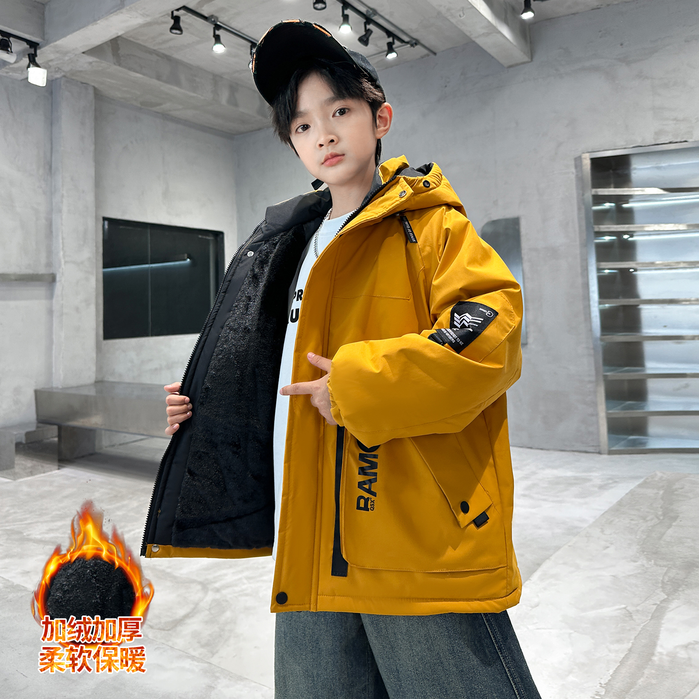 男童加绒外套秋冬派克服棉衣儿童冬装加厚冲锋衣大童冬款棉服潮酷