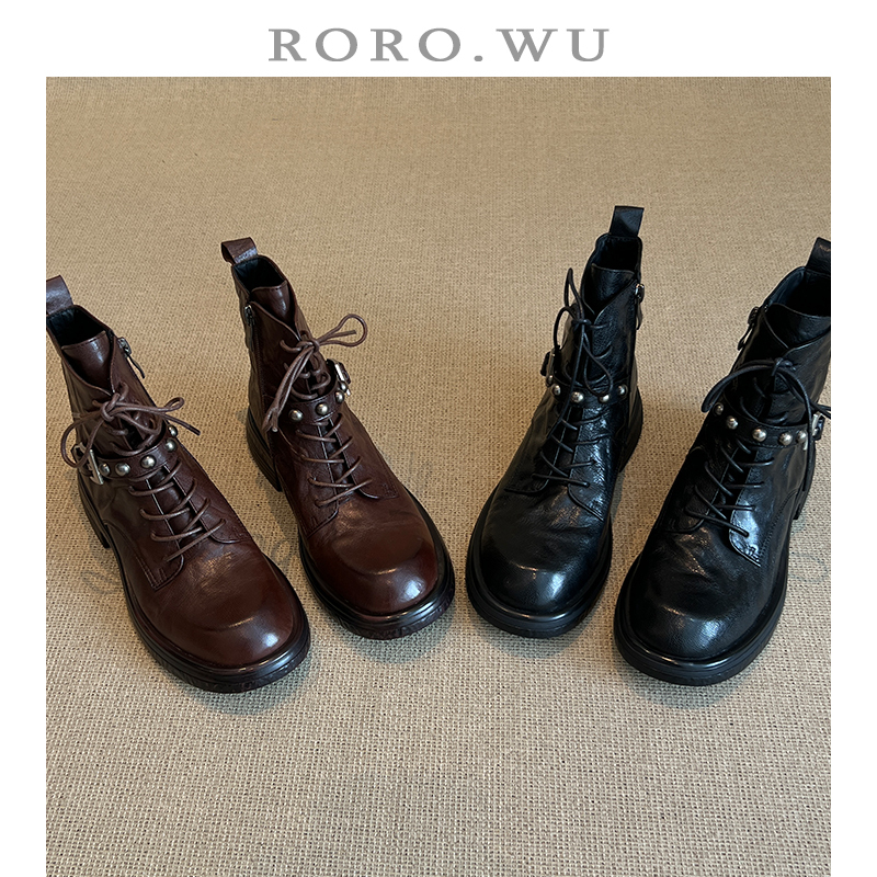 娆娆吴·擦色羊皮个性时尚酷潮铆钉皮带扣系带短筒马丁靴X471