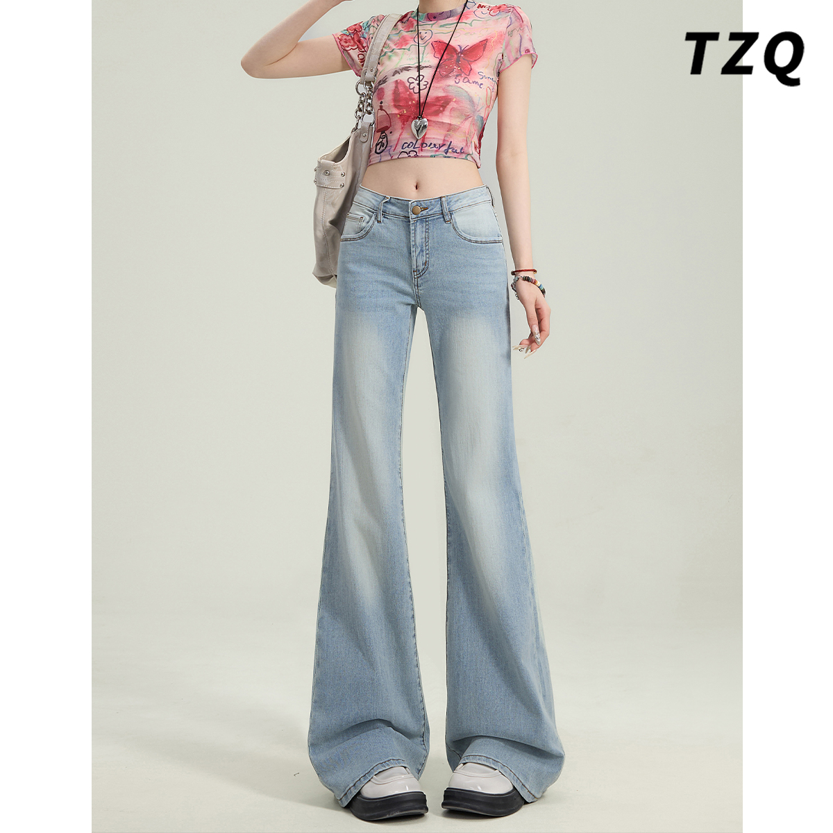 冰蓝色美式2025春季显瘦喇叭牛仔裤女设计感百搭马蹄裤TZQ2522719