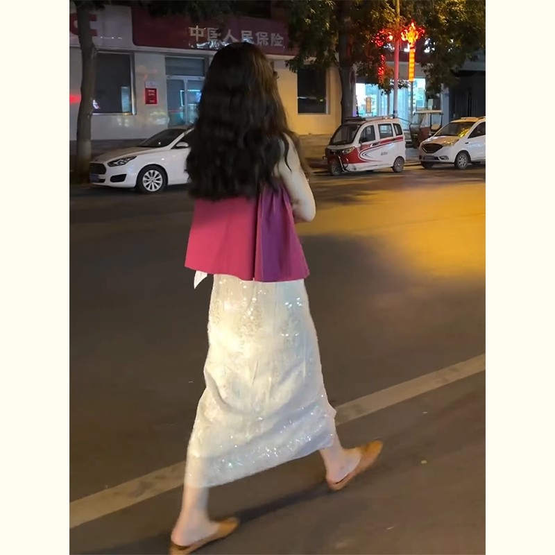 夏天搭配一整套2025新款气质盐系炸街纯欲风玫红色无袖两件套装裙