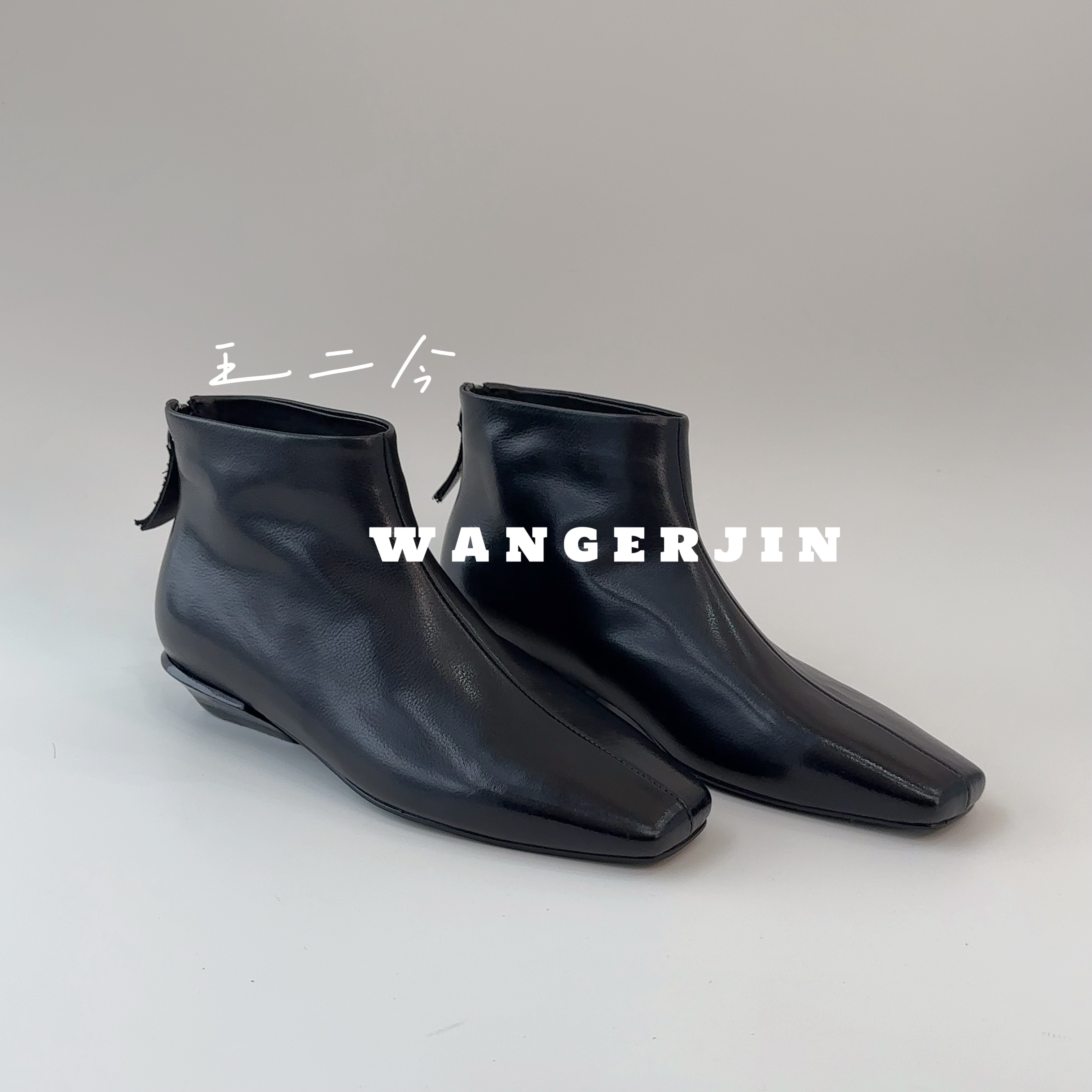 【王二今】牛皮/3CM/方头极简高级气质切尔西靴时装踝靴休闲短靴女