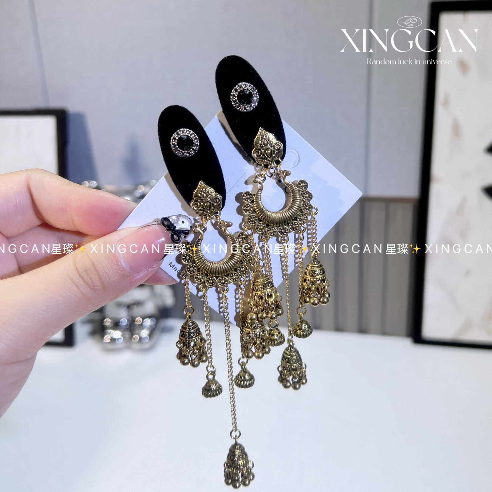 女丝绒铃铛流苏发夹复古民族风侧边刘海夹气质BB夹头饰