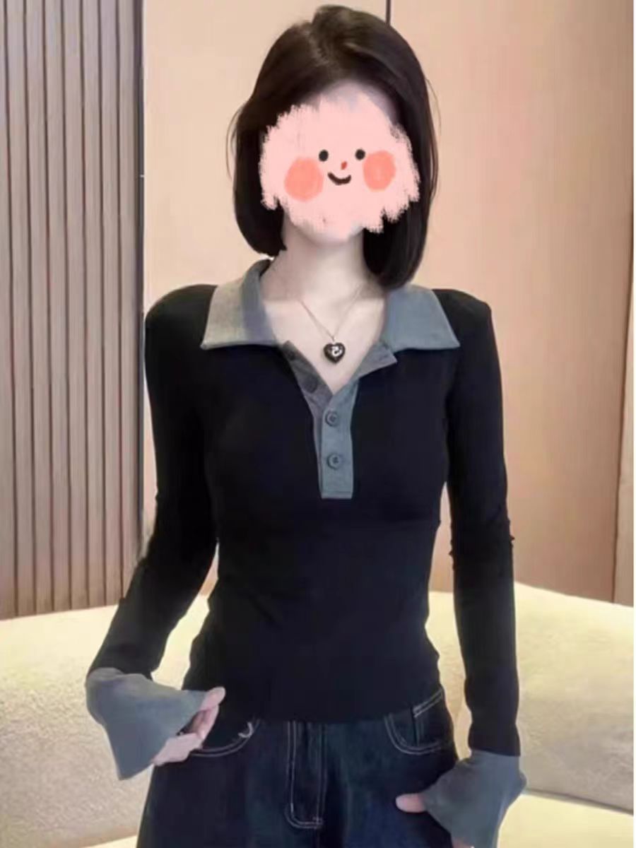 大码微胖MM正肩POLO长袖撞色T恤拼接新款修身显瘦运动打底春秋冬