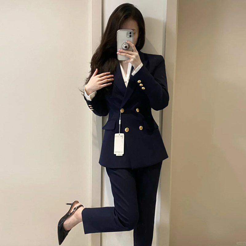 高级感职业西装套装女考公面试正装工作服气质藏青黑色修身小西服