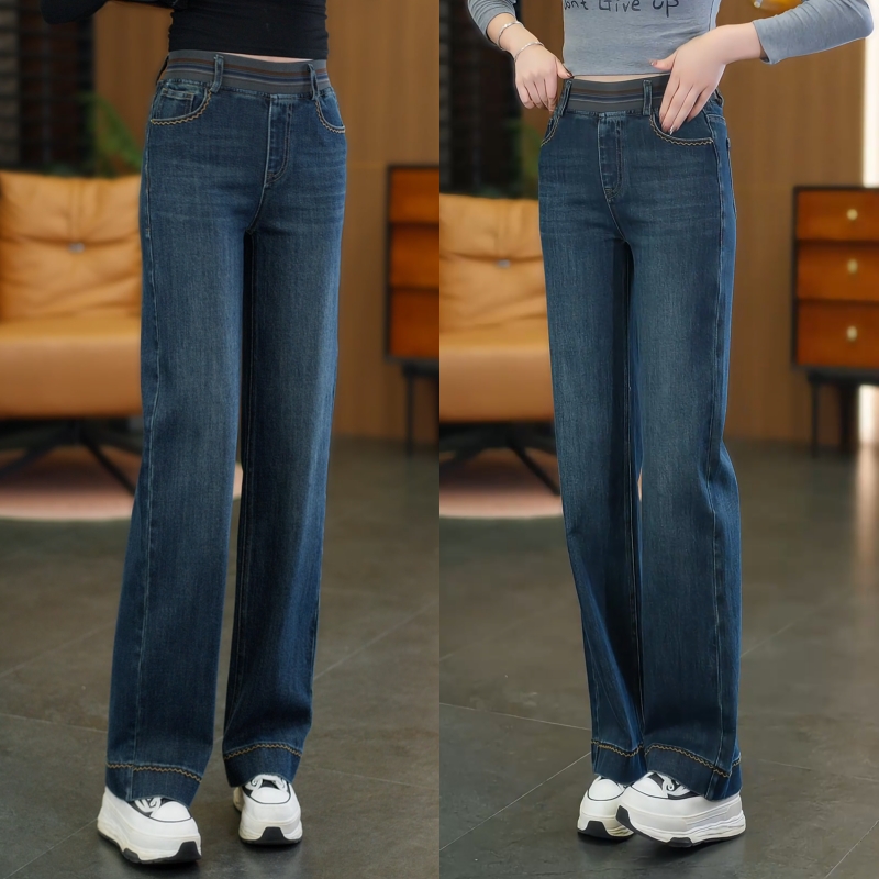 休闲直筒百搭牛仔裤女秋冬2025新款高腰显瘦松紧腰宽松窄版阔腿裤