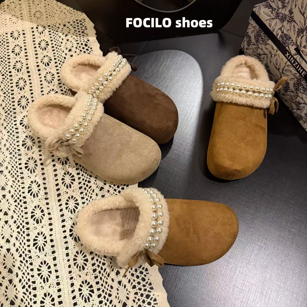 复古珍珠厚底加绒毛毛拖鞋女外穿2025新款秋冬保暖两穿勃肯棉拖鞋