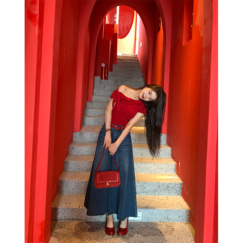 六指导 丹宁旧影 复古水洗牛仔蓝半身裙女夏休闲高腰显瘦A字长裙