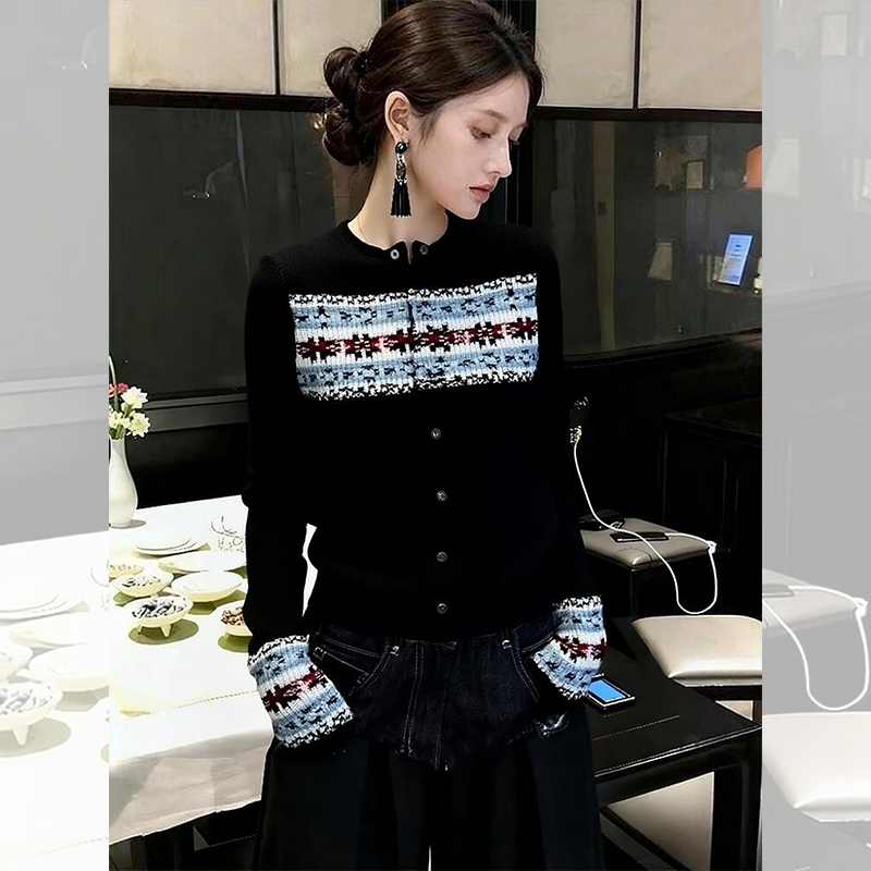 别致独特漂亮黑色小衫女装秋冬洋气高贵费尔岛针织开衫百搭上衣服