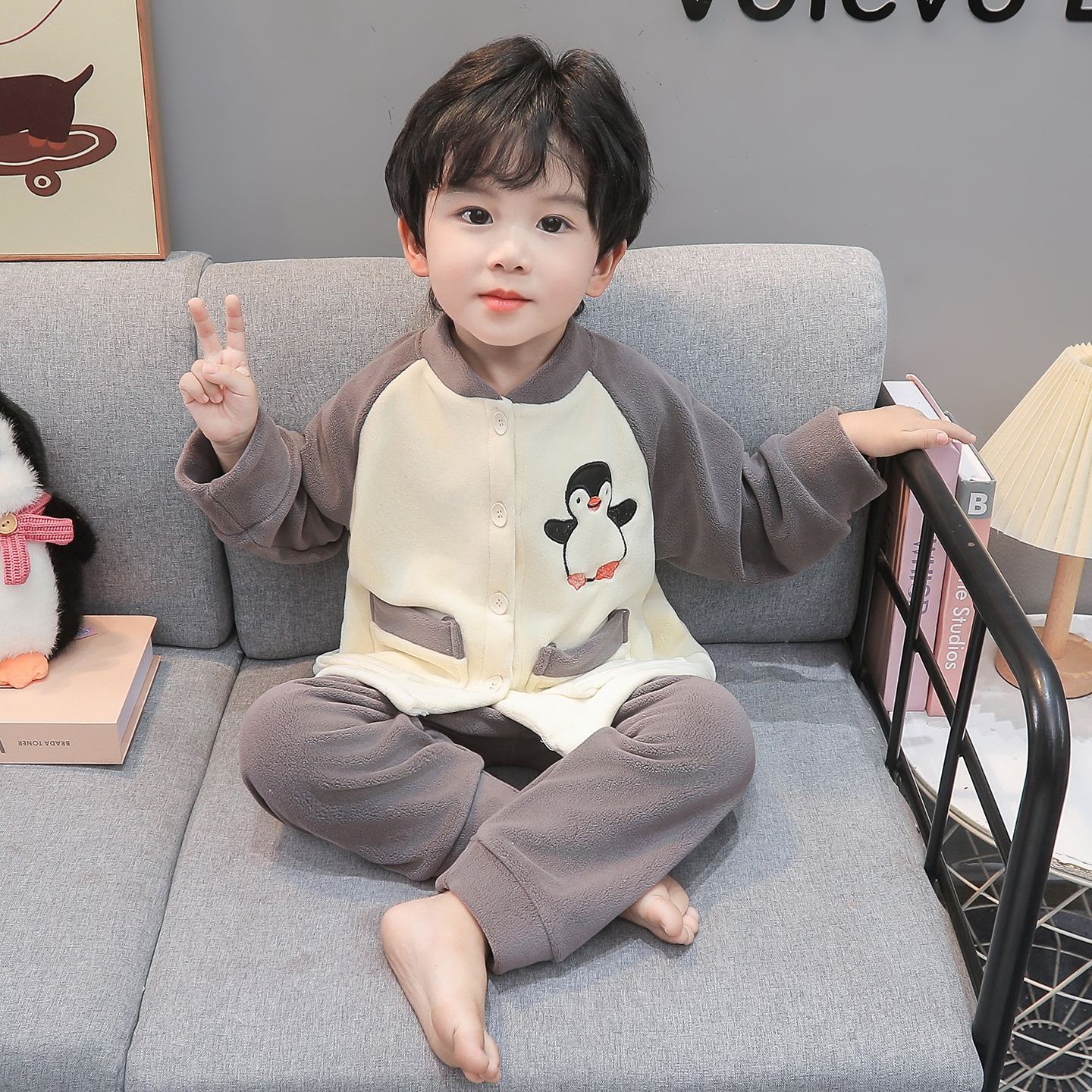 男童睡衣儿童奥粒绒秋冬季小男孩宝宝法兰绒恐龙小童套家居服套装