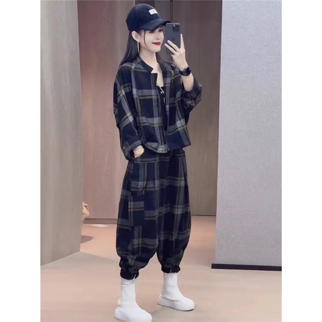 欧货个性格子牛仔套装女2025春秋新款覆古洋气宽松外套爆款两件套