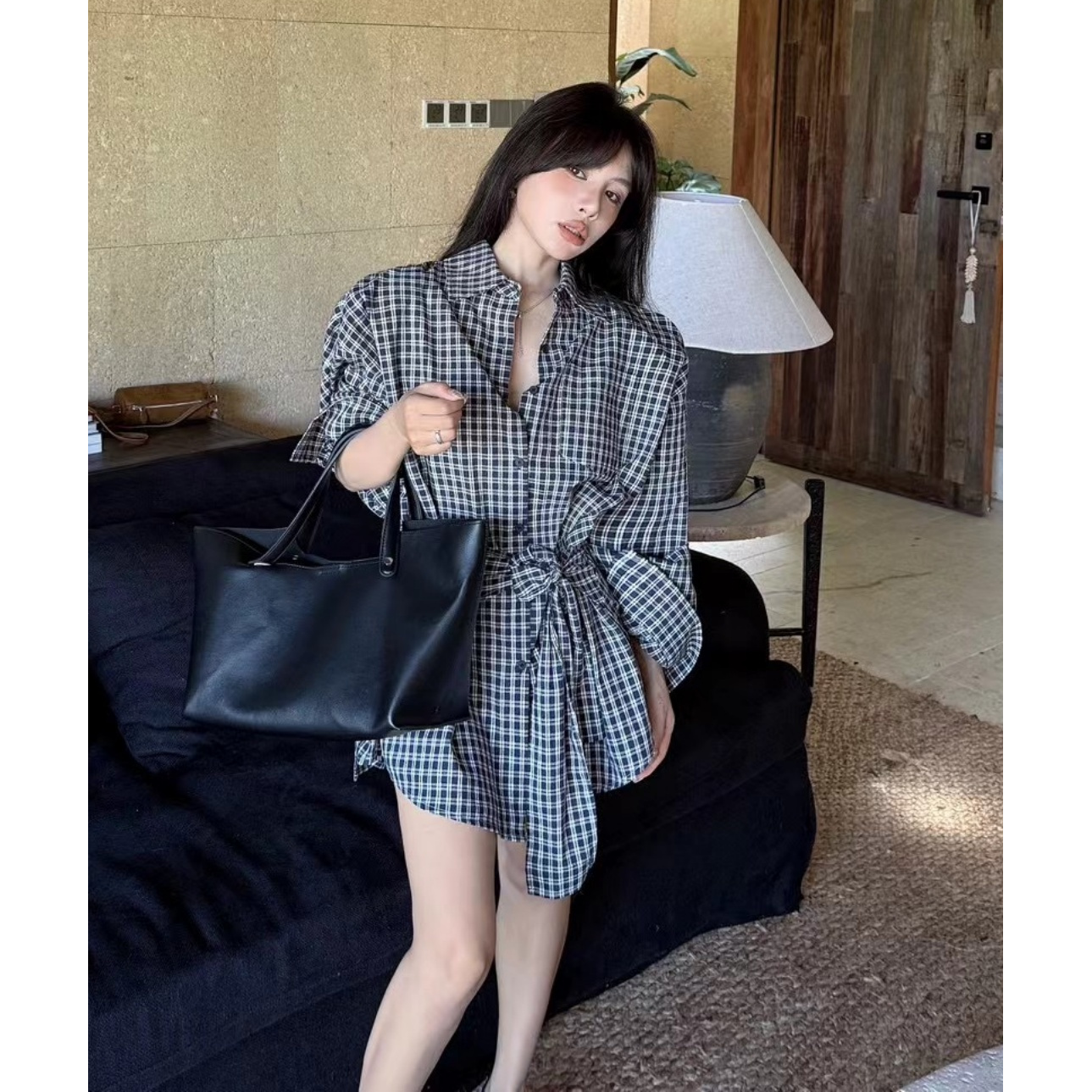 25秋季新款韩版气质复古格子中长款衬衫女设计感腰封两件套