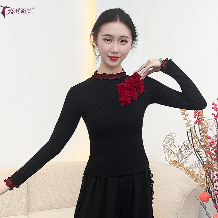 古典舞形体练功服女圆领花边拼接修身成人现代舞蹈演出服秋冬新款