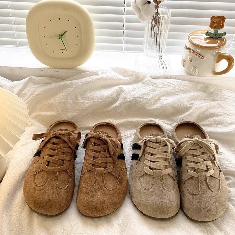 勃肯包头半拖鞋2025春夏外穿复古无后跟一脚蹬系带懒人休闲德训鞋