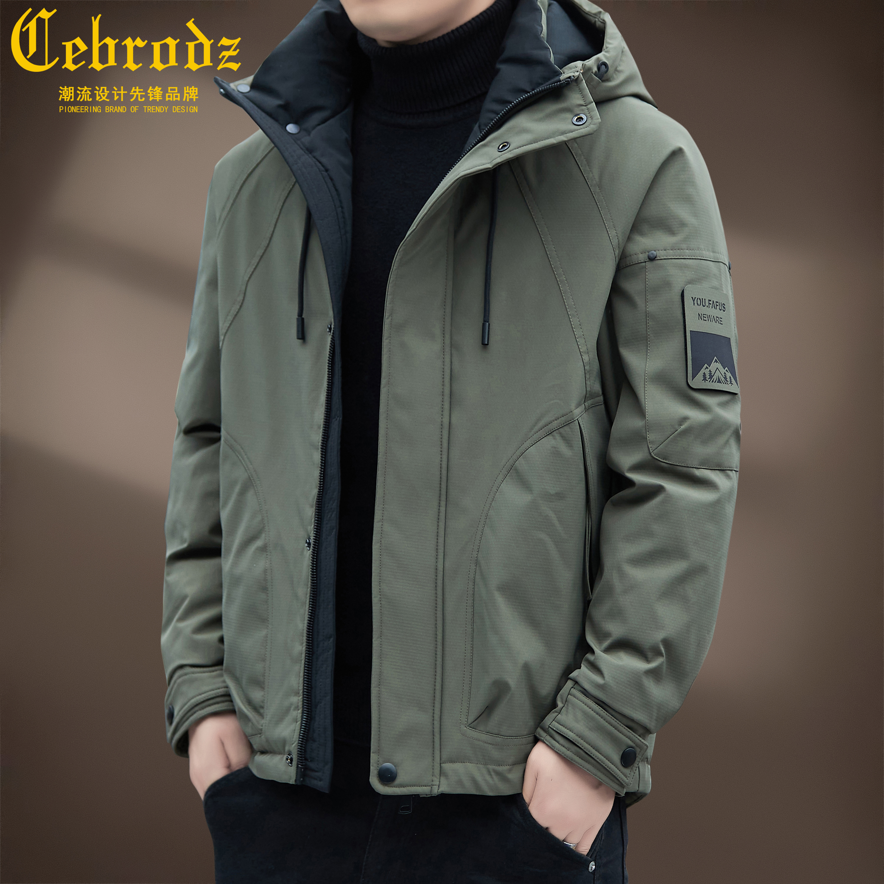 法国Cebrodz男士风羽绒服冬工装中年加厚连帽鸭绒保暖正品外套男