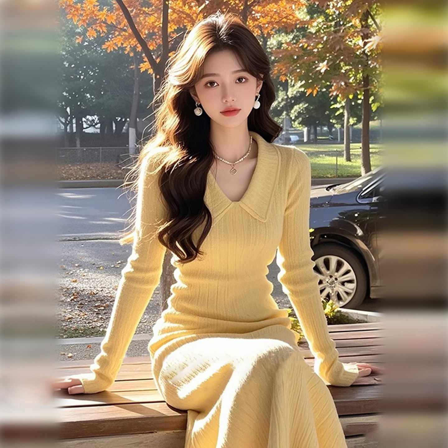 亮黄色polo领针织高级感修身气质绝美长裙子8059