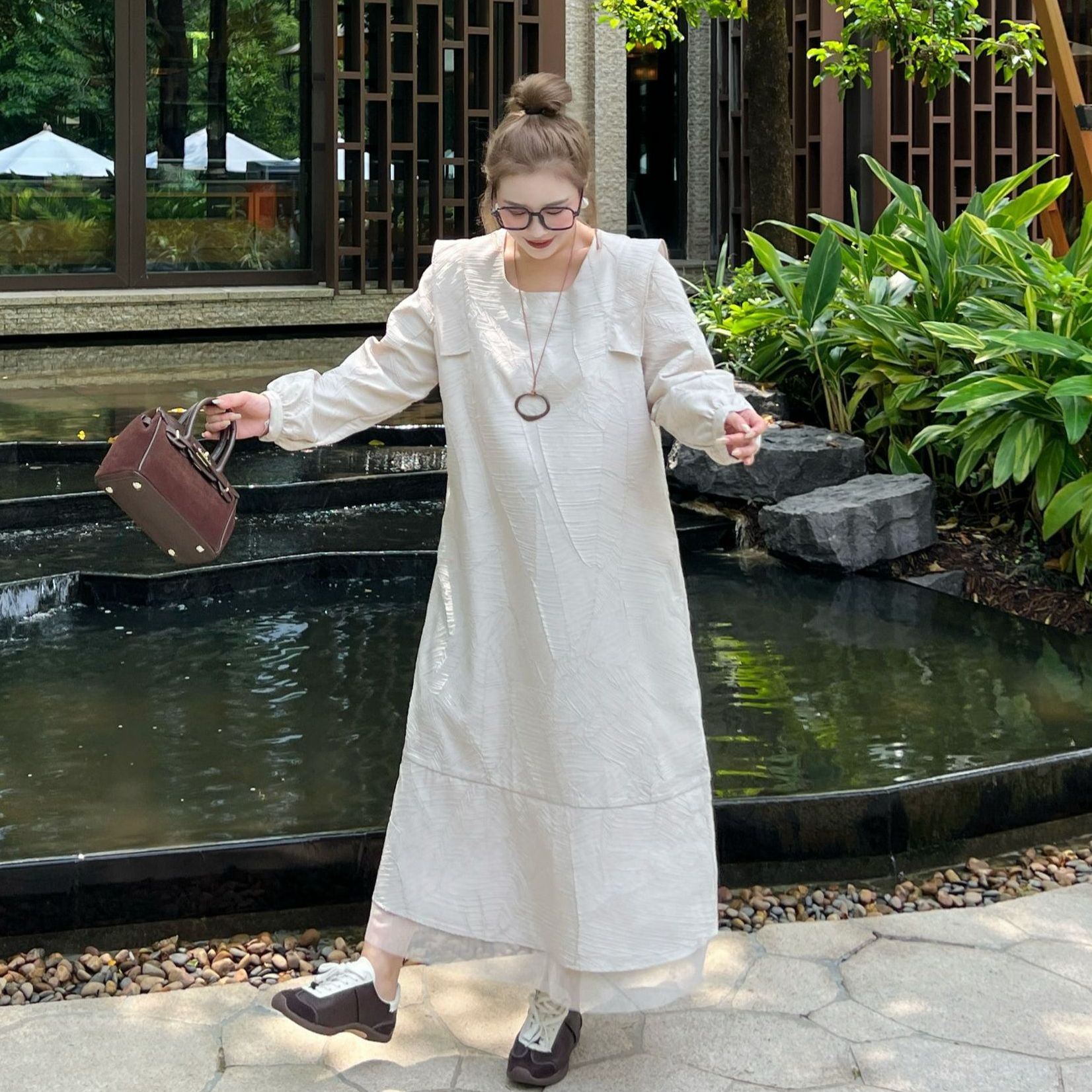 媛子大码肌理感长袖连衣裙宽松气质拼接极简纯色秋季新款胖mm女装