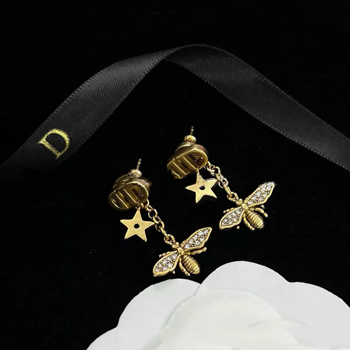 黄铜耳饰 迪家精致CD字母耳钉星星蜜蜂耳环复古做旧黄铜925银针