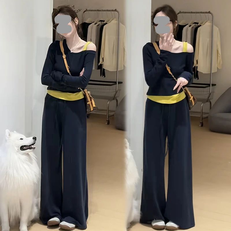 纯棉女装套装轻奢高级感春季新款设计感小众假两件休闲裤两件套潮