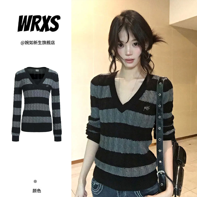 【婉如新生】V领条纹麻花毛衣女秋冬季撞色修身内搭针织打底衫上衣