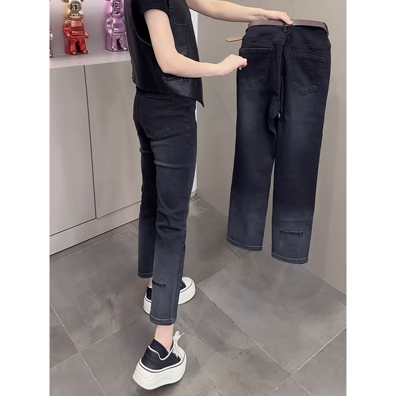 新款2025小个子高腰窄版黑灰色牛仔裤女秋季弹力显瘦直筒烟管裤