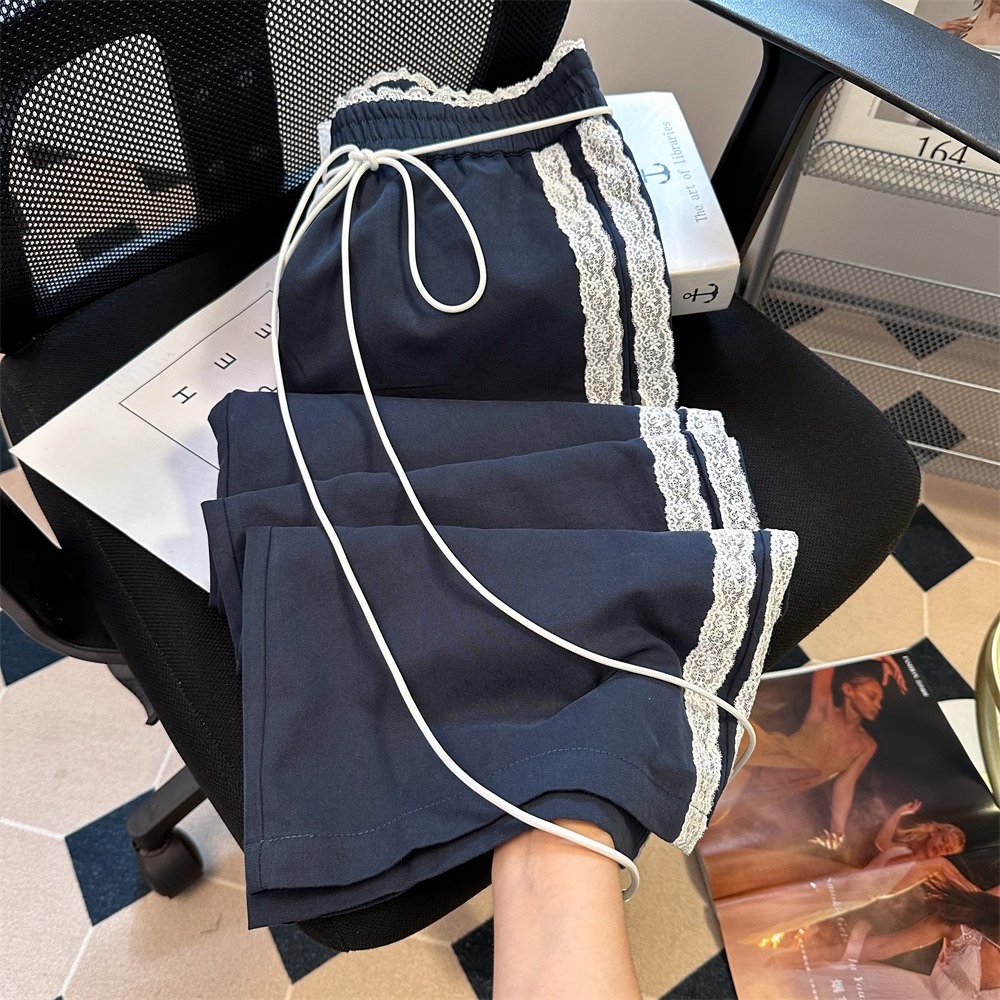 春秋款蕾丝花边拼接高腰阔腿裤女设计感小众直筒休闲条纹运动裤子